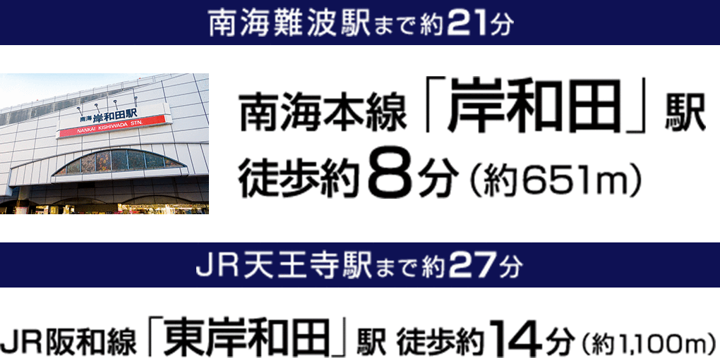 南海難波駅まで約21分　南海本線「岸和田」駅徒歩約8分（約651m）　JR天王寺駅まで約27分　JR阪和線「東岸和田」駅 徒歩約14分（約1,100m）