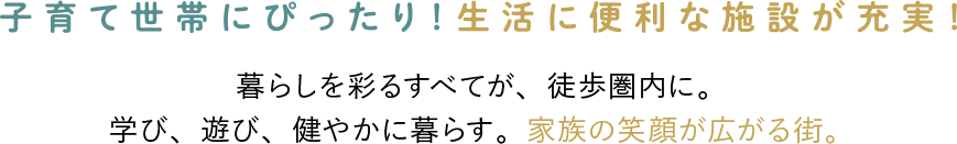子育て世帯にぴったり！生活に便利な施設が充実！暮らしを彩るすべてが、徒歩圏内に。学び、遊び、健やかに暮らす。家族の笑顔が広がる街。