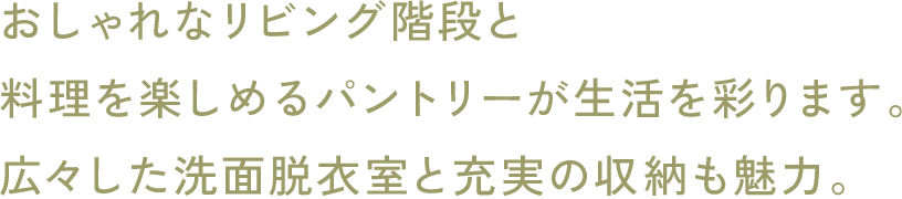 おしゃれなリビング階段と料理を楽しめるパントリーが生活を彩ります。広々した洗面脱衣室と充実の収納も魅力。